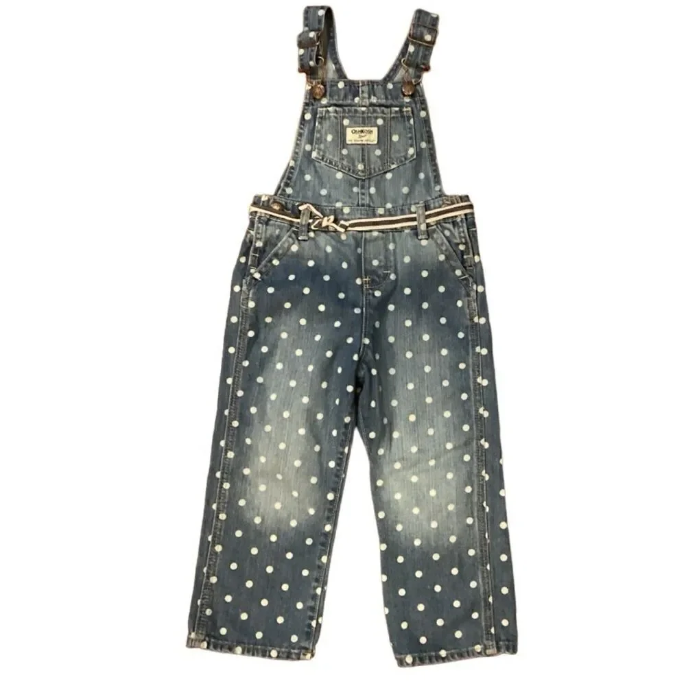 Oshkosh Polka Dot Overalls 3T Blue Denim Bibbed White Circles Tie Belt Vestbak